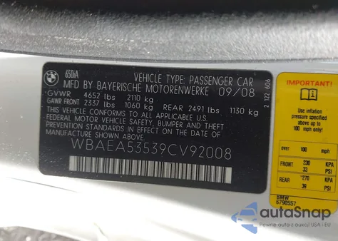 2009 BMW 650I из США, поврежденный, VIN WBAEA53539CV92008